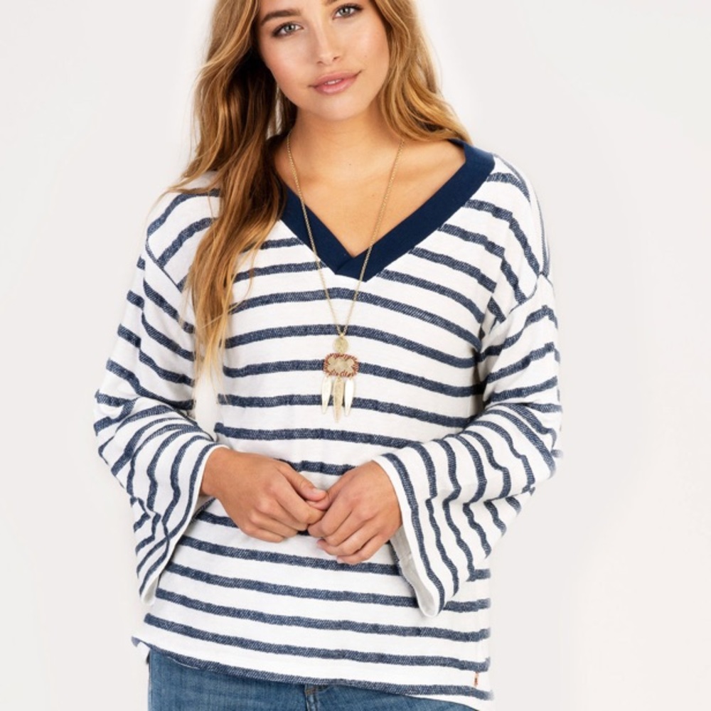 Hatley Maritime Seaside Blue/White Stripe Lantern Sleeve Top - Size Large